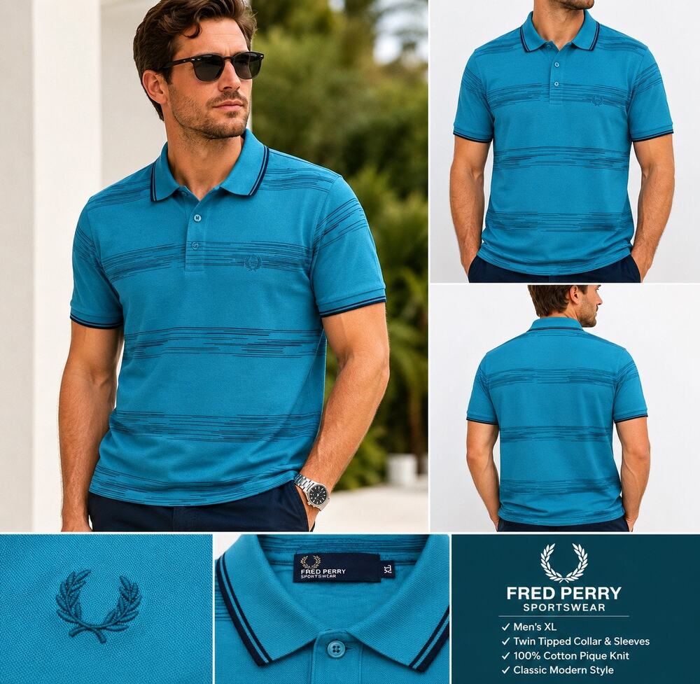 Fred Perry Polo Shirt Mens XL Turquoise Cotton Twin Tipped Pique Knit Golf